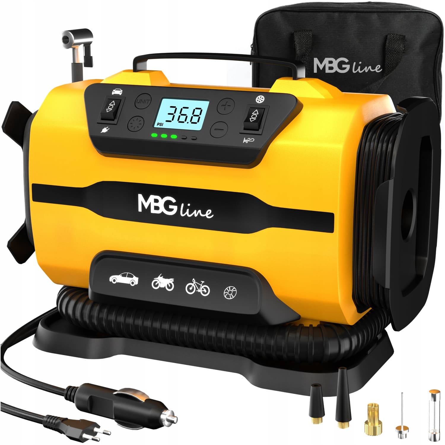 MBG LINE 845 PRO kompresor samochodowy sprężarka pompka elektryczna DC 12V / AC 230V latarka LED LCD