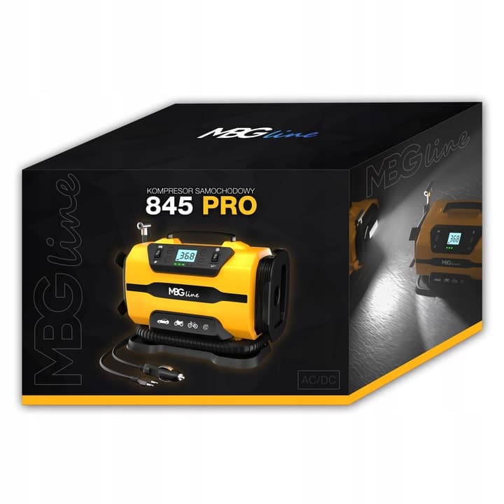 MBG LINE 845 PRO kompresor samochodowy sprężarka pompka elektryczna DC 12V / AC 230V latarka LED LCD