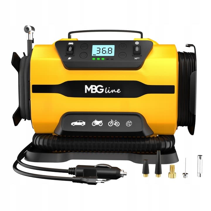MBG LINE 845 PRO kompresor samochodowy sprężarka pompka elektryczna DC 12V / AC 230V latarka LED LCD