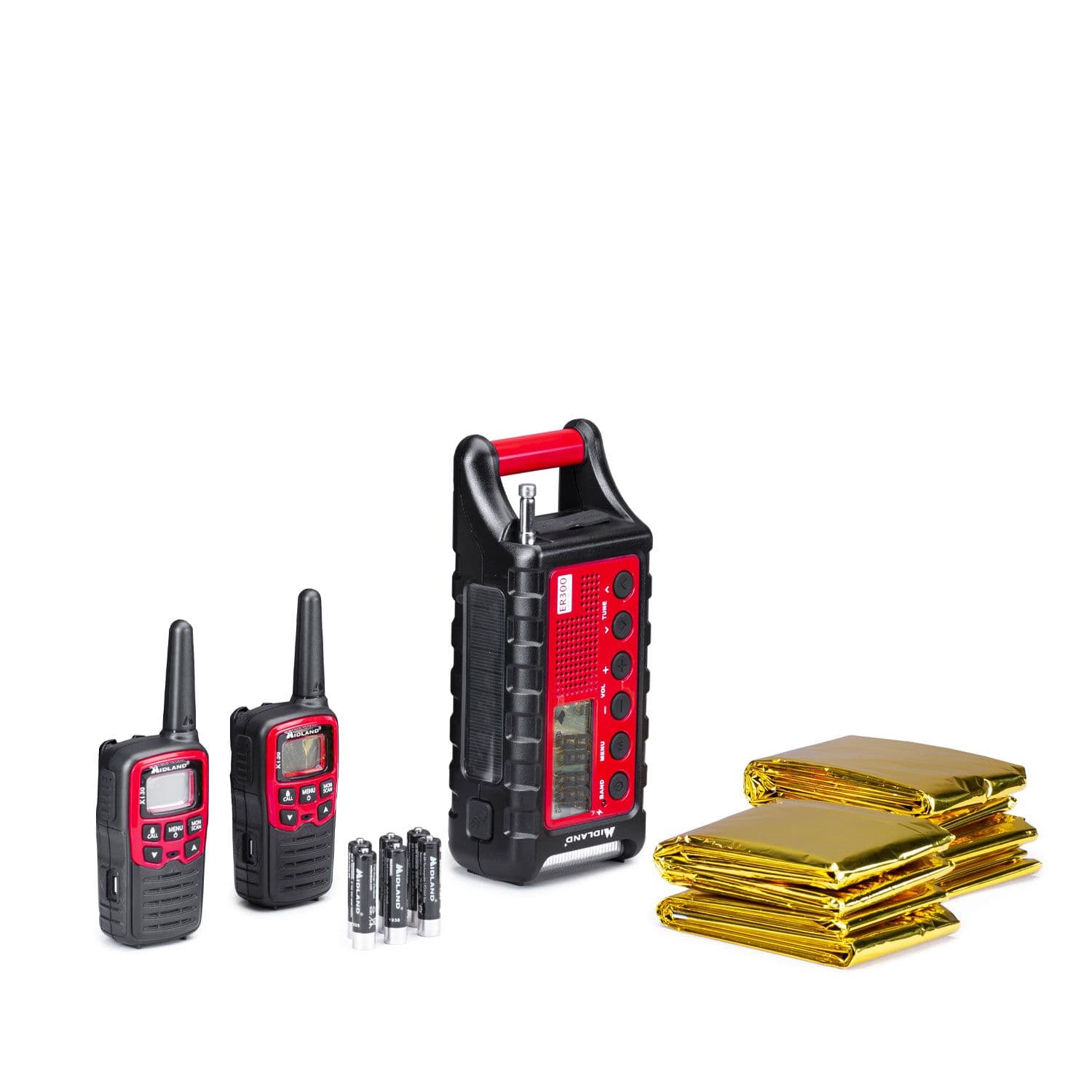Midland EK35 zestaw awaryjny / ratunkowy: 2x krótkofalówka PMR XT30 + radio ER300 + koce ratunkowe 4 szt. (outdoor emergency kit)