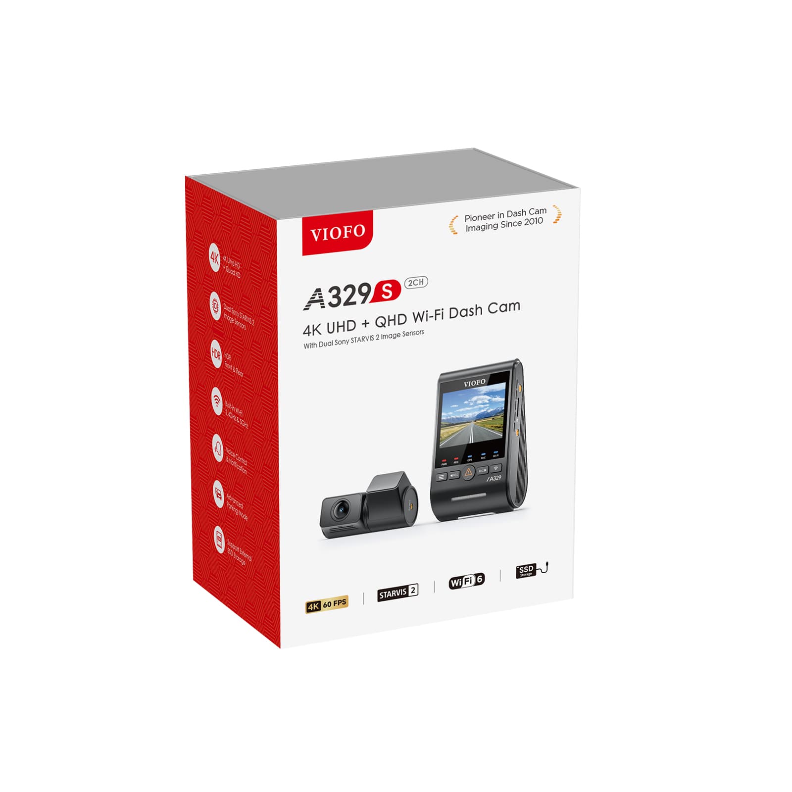 VIOFO A329S 2CH dual kamera samochodowa przód 4K 60FPS + tył 2K 30FPS, obsługa dysków SSD, HDR, GPS, Sony Starvis 2, G-sensor, mikrofon, Wi-Fi 6, BT