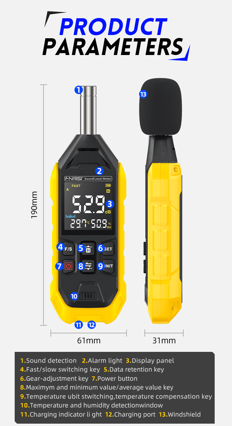FNIRSI FDM01 cyfrowy miernik poziomu hałasu / sonometr, decybelomierz 30-130dB