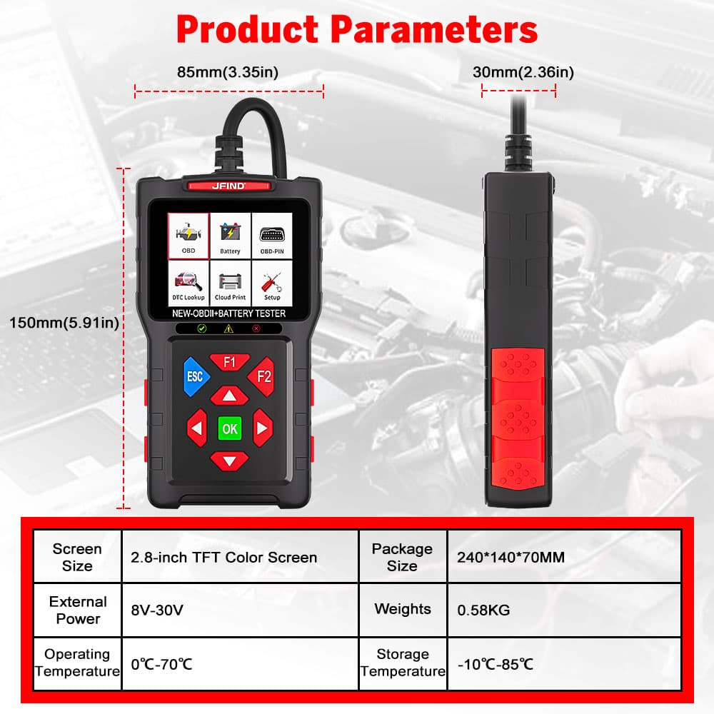 JFIND JF700 ULTRA 2w1 tester akumulatorów 12V/24V + skaner diagnostyczny OBD-2 - diagnostyka / odczyt i kasowanie błędów / test baterii POLSKIE MENU