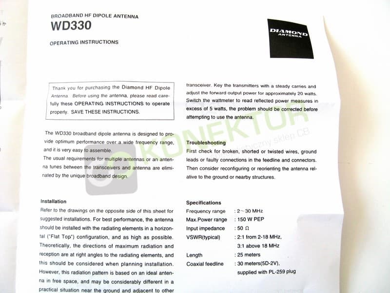 Diamond WD-330 DIPOL antena KF 2-30MHz długość 25m (Diamond WD330 antena linkowa szerokopasmowa)