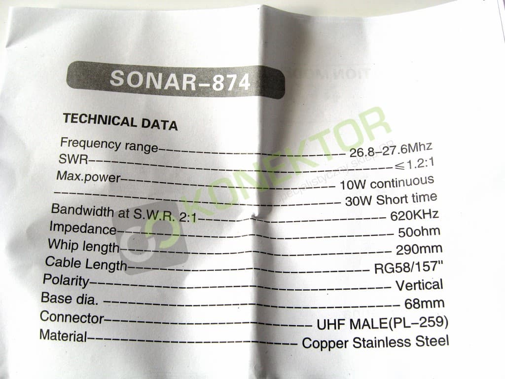 Sonar 874 (srebrna) Antena CB magnesowa 32cm kabel 4,20m (odpowiednik President Georgia)