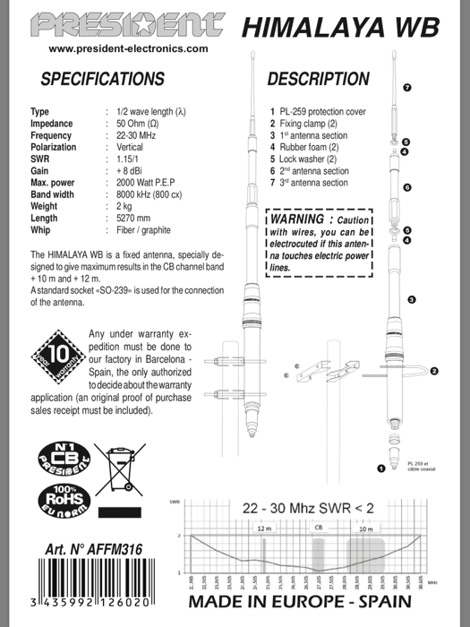 President Himalaya WB wide-band 22-30MHz antena bazowa CB/12m/11m/10m z włókna szklanego - długość 527cm