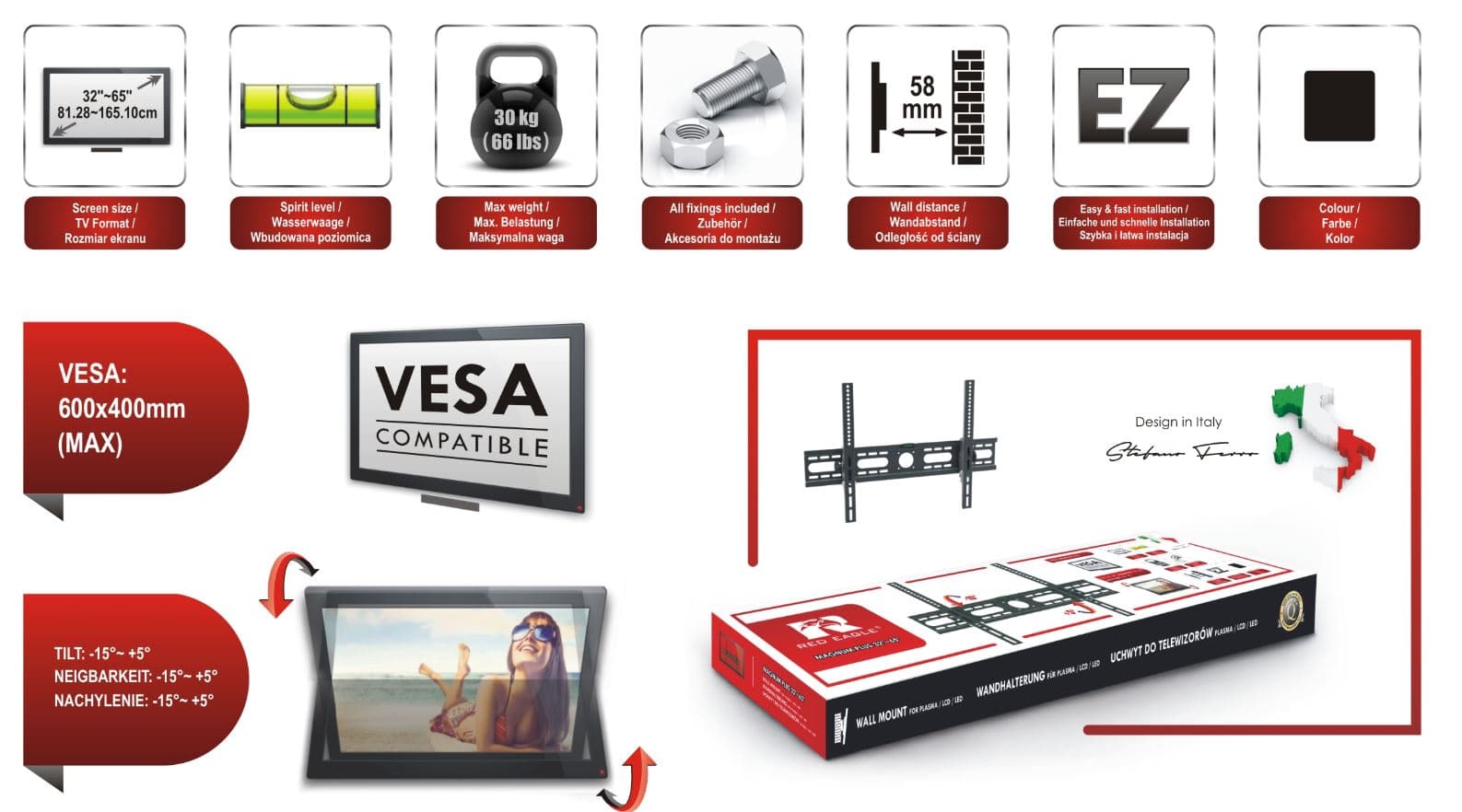 UCHWYT TV 32"-65" OPTICUM MAGNUM PLUS, nachylenie do 15st. VESA 600x400 maks. LCD/LED/PLAZMA/monitor komputerowy