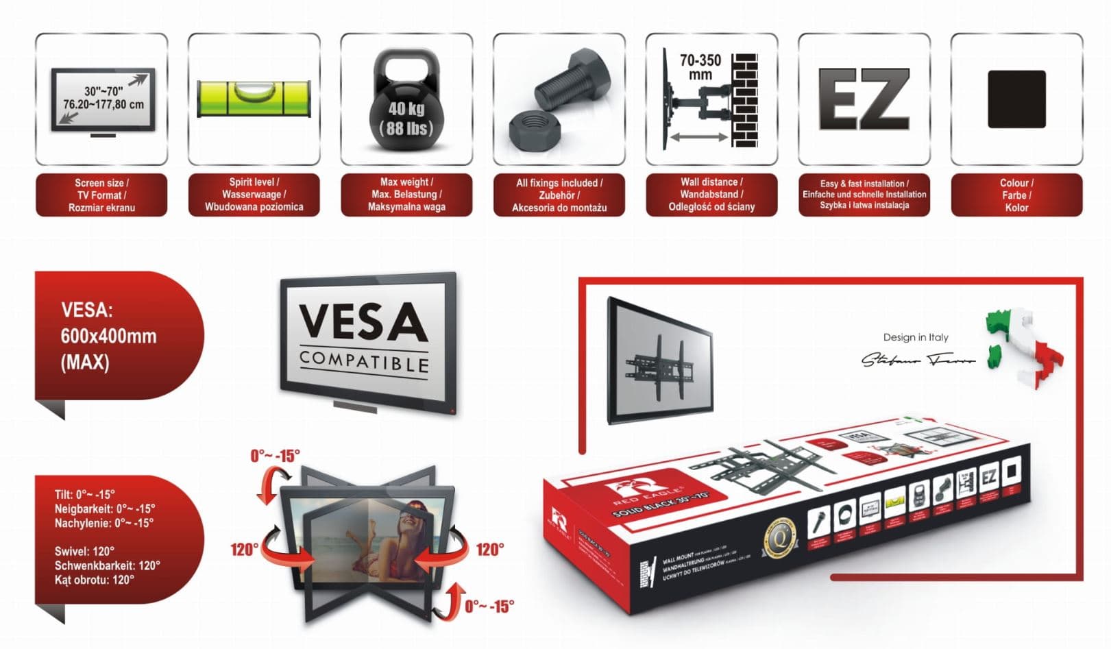 UCHWYT HEAVY DUTY TV 30"-70" OPTICUM SOLID BLACK, nachylenie do -15st. kąt obrotu do 120st. VESA 600x400 maks. LCD/LED/PLAZMA