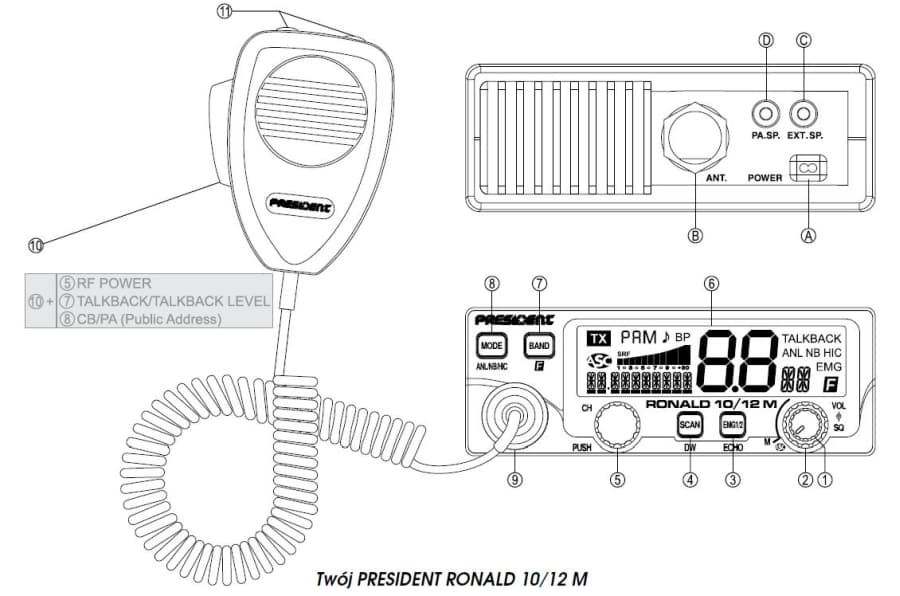 PRESIDENT RONALD AM/FM 50W radiotelefon amatorski na pasmo 10m (możliwość rozblokowania na CB)