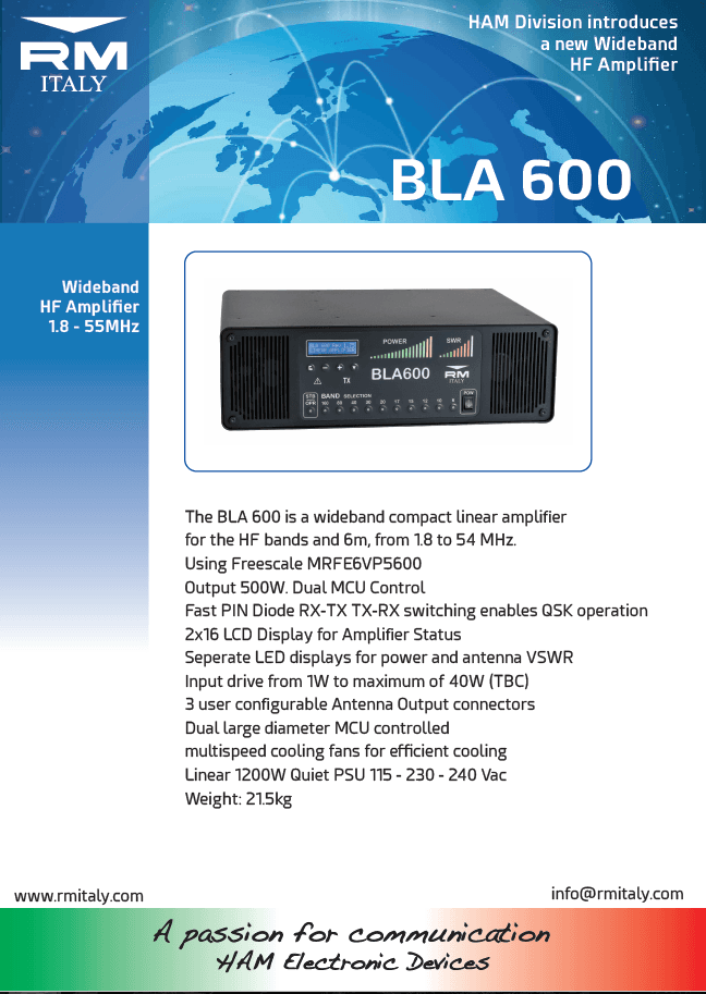 RM BLA 600 wzmacniacz mocy HF/6m 500W, wbudowany zasilacz, chłodzenie, 10 filtrów dolnoprzepustowych, wyświetlacz LCD