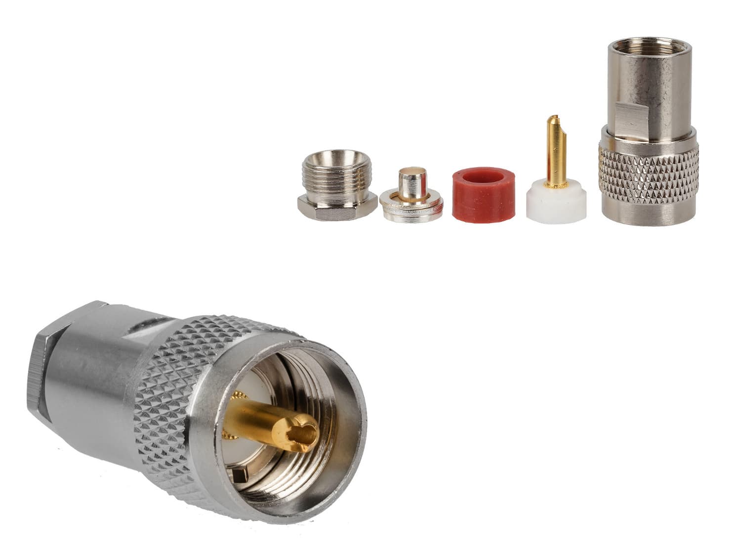 Wtyk UC-1 skręcany PL-259/9 PTFE/Gold RADIORA - złącze klampowane na gruby przewód ~10mm np. RG-213, H-1000, RF-10, HyperFlex 10, Airborne 10, CNT 400, LMR 400 itp.