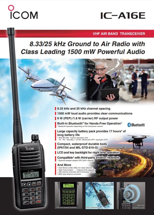 Icom IC-A16E radiotelefon lotniczy ręczny 8.33/25kHz, IP 67, moc 6W Made in Japan