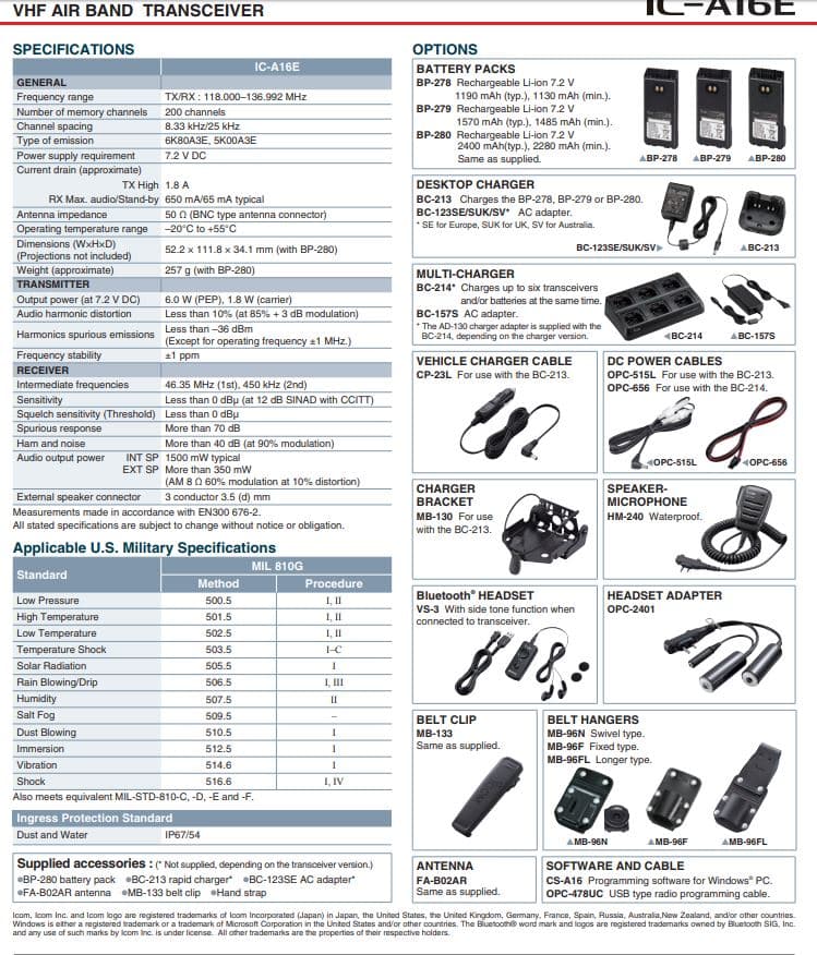 Icom IC-A16E radiotelefon lotniczy ręczny 8.33/25kHz, IP 67, moc 6W Made in Japan