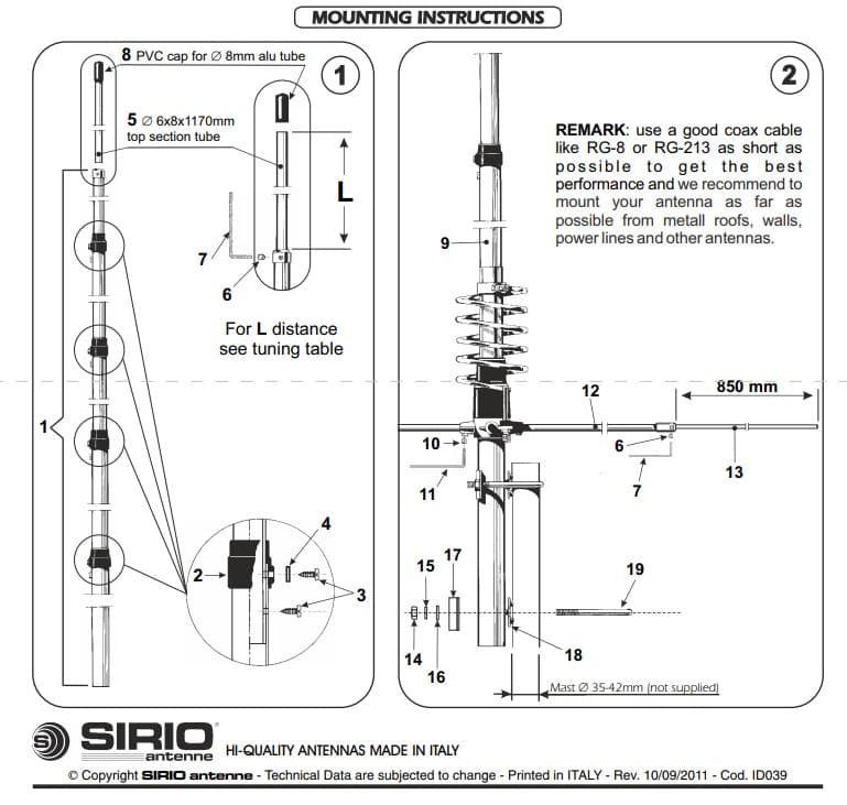 SIRIO New Tornado 27 (4 przeciwwagi) antena bazowa CB / 10m 5/8 fali (podobna do Lemm AT-92)