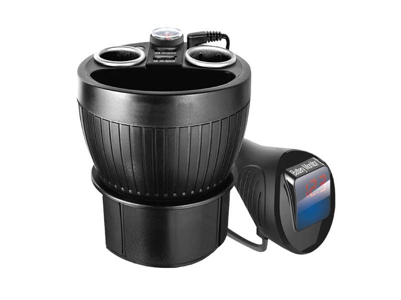 Rozgałęźnik do gniazda zapalniczki w miejscu kubka - 2x 12/24V, 2x USB, QuickCharge, woltomierz