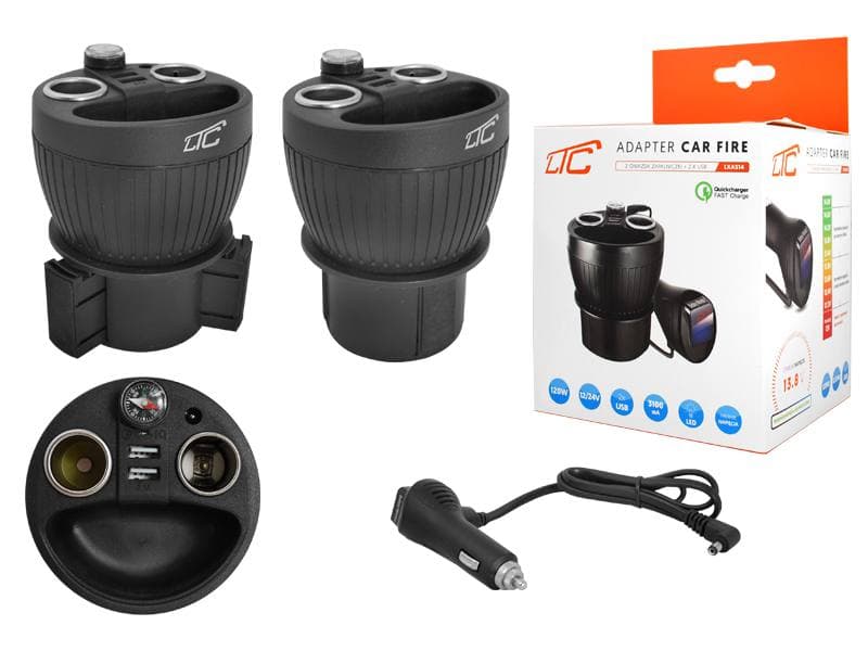 Rozgałęźnik do gniazda zapalniczki w miejscu kubka - 2x 12/24V, 2x USB, QuickCharge, woltomierz