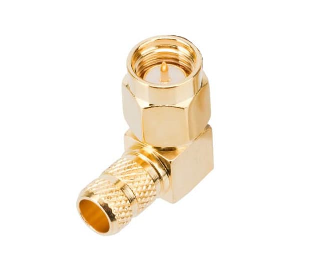 Kątowy wtyk SMA zaciskany na przewód RG-58 RF-5 H-155 PTFE/Gold RADIORA (złącze SMA-M męskie kątowe 90 stopni)