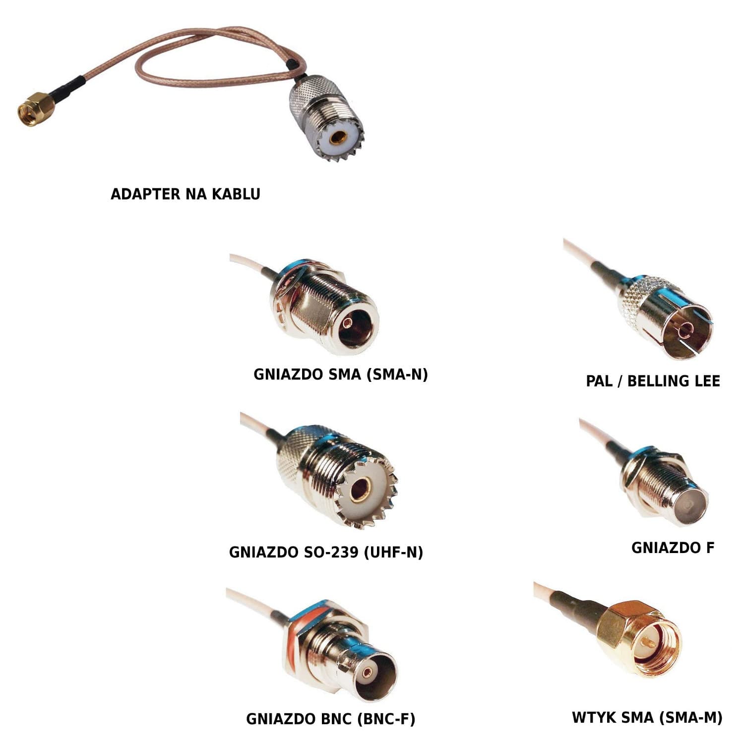 Zestaw różnych adapterów na kablu SMA 6szt. kabel RG-316 - do odbiorników SDR, skanerów, TYT, Wouxun - RTL-SDR