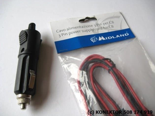 Kabel zasilający 3-pin Midland + zalutowany wtyk do gniazda zapalniczki