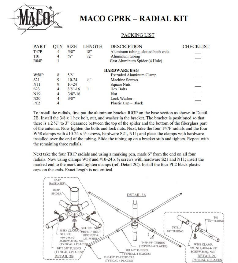MACO GPRK BOOMER - zestaw aluminiowych przeciwwag do anten fiberglass np. Solarcon A-99, IMAX 2000 +3dB