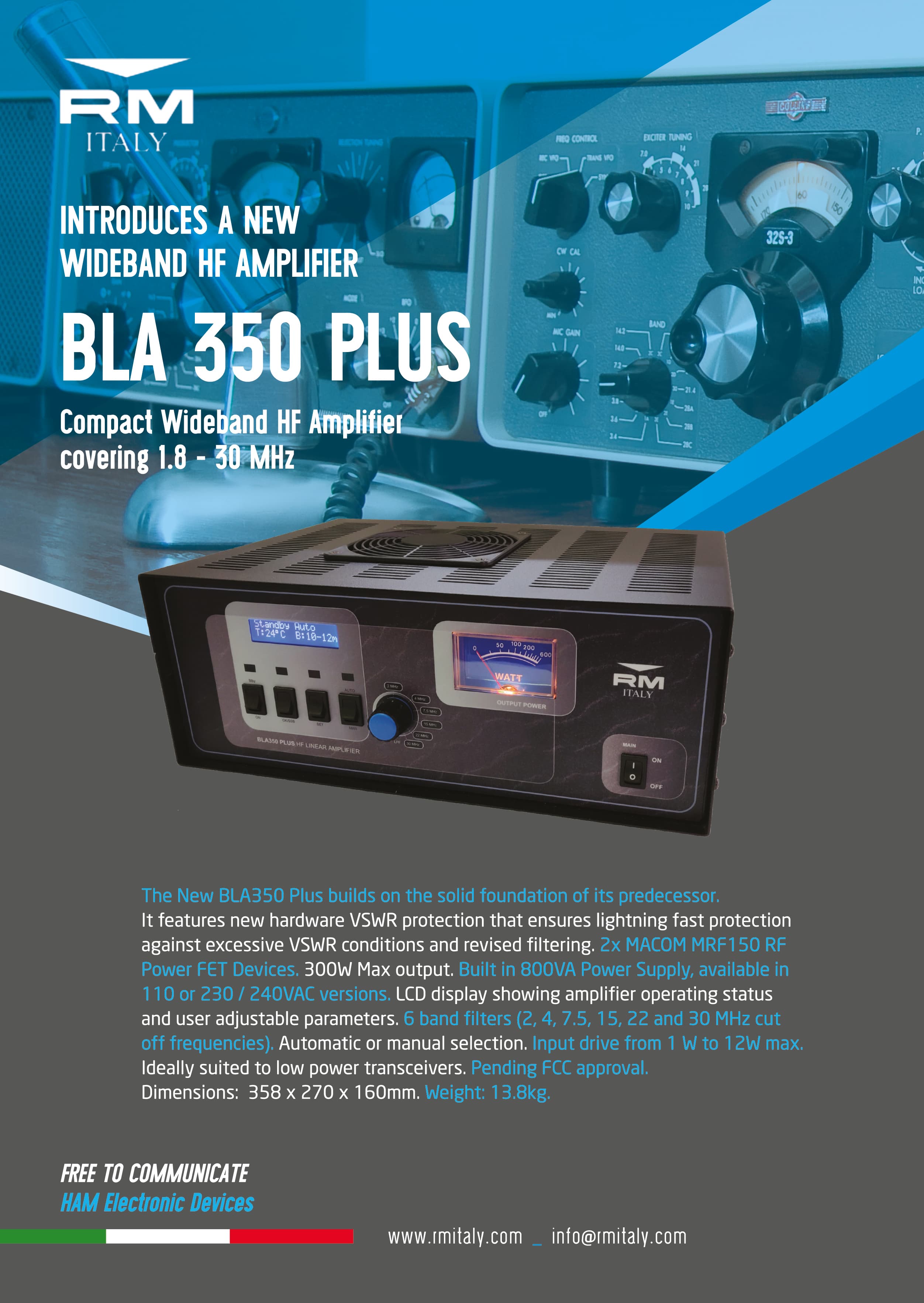 RM BLA 350 PLUS wzmacniacz mocy HF 300W, wbudowany zasilacz, chłodzenie, 6 filtrów dolnoprzepustowych, wyświetlacz LCD