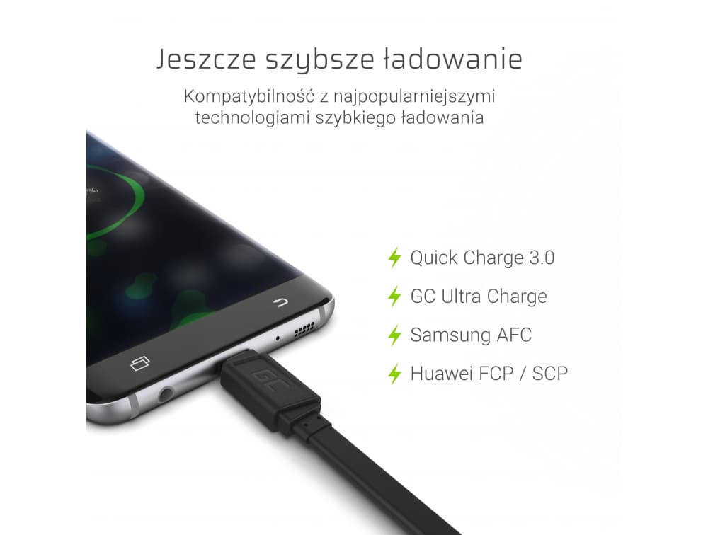 Kabel przewód zasilający USB-C / USB 25cm PŁASKI wygodny!! wsparcie QuickCharge SUPERJAKOŚĆ Green Cell GCmatte