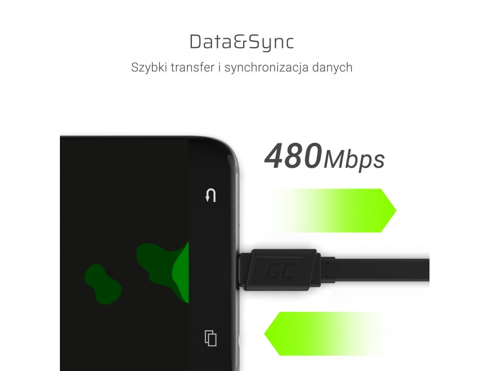 Kabel przewód zasilający USB-C / USB 25cm PŁASKI wygodny!! wsparcie QuickCharge SUPERJAKOŚĆ Green Cell GCmatte