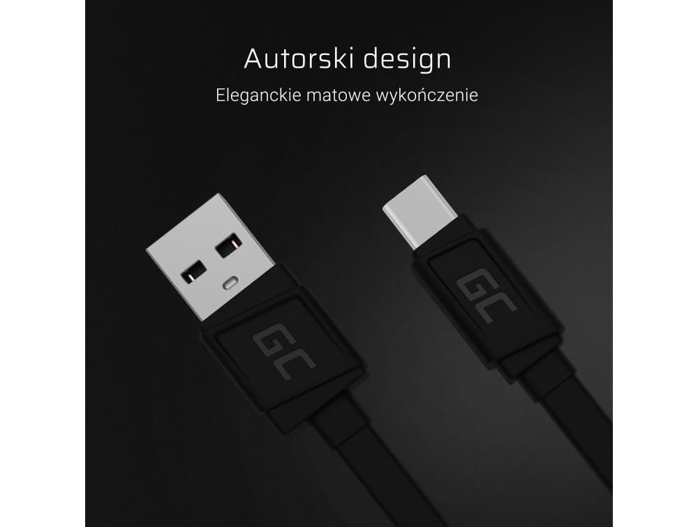 Kabel przewód zasilający USB-C / USB 25cm PŁASKI wygodny!! wsparcie QuickCharge SUPERJAKOŚĆ Green Cell GCmatte