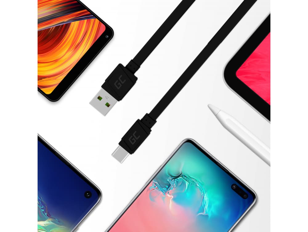 Kabel przewód zasilający USB-C / USB 25cm PŁASKI wygodny!! wsparcie QuickCharge SUPERJAKOŚĆ Green Cell GCmatte