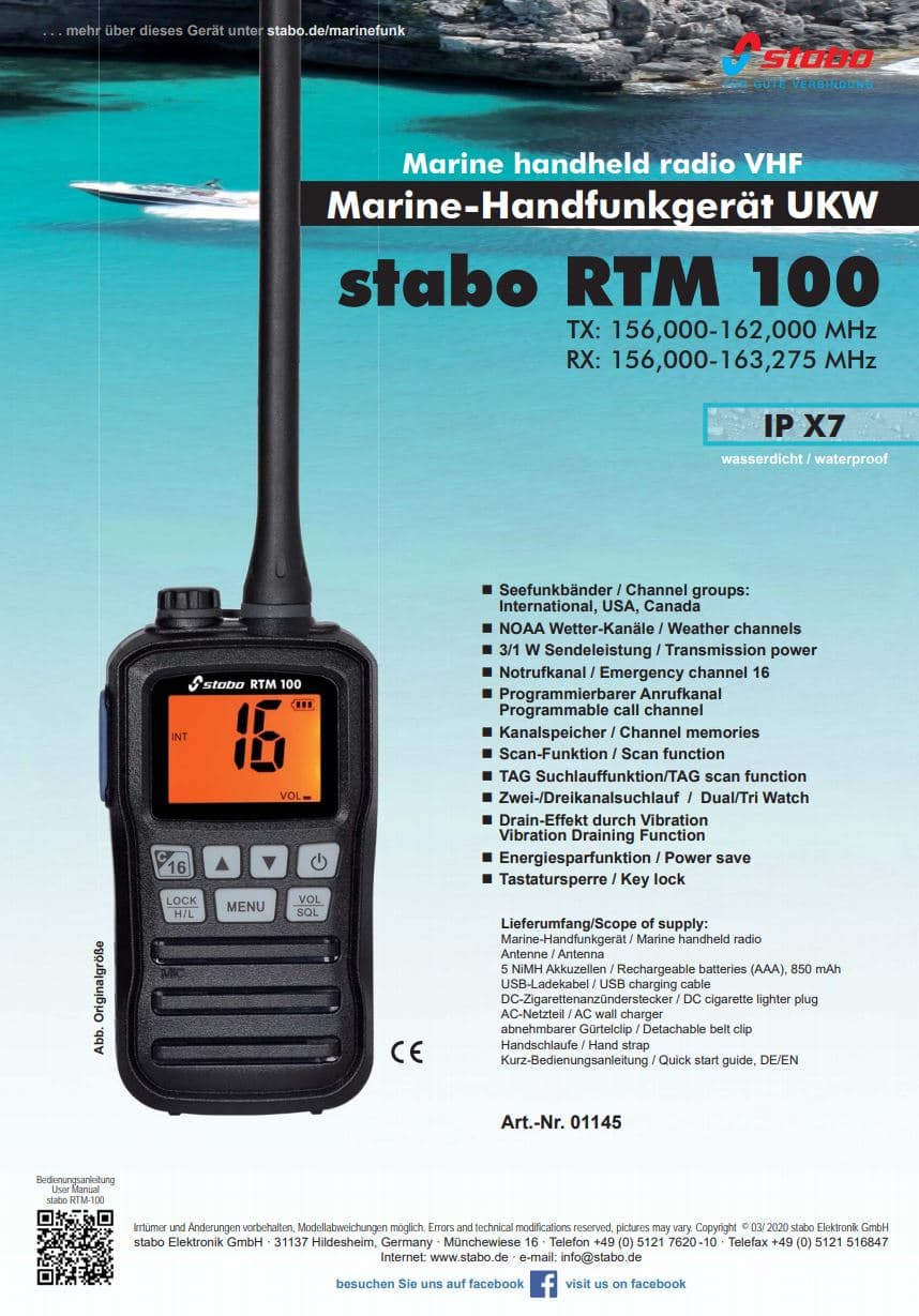STABO RTM-100 ręczny radiotelefon morski / jachtowy 3W wodoodporny IPX7
