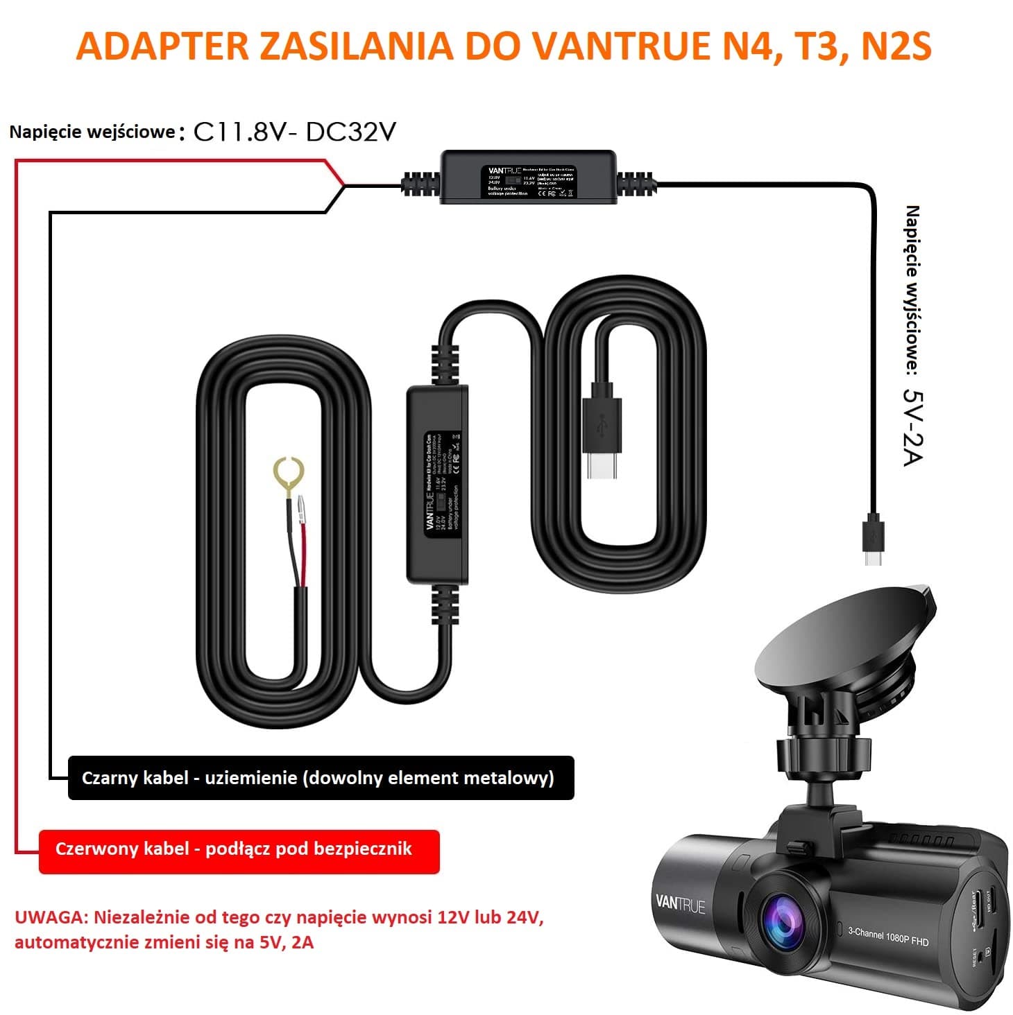 VANTRUE VP03 ACC zaawansowany moduł zasilania kamery samochodowej - adapter 12/24V do trybu parkingowego (hardwire kit)
