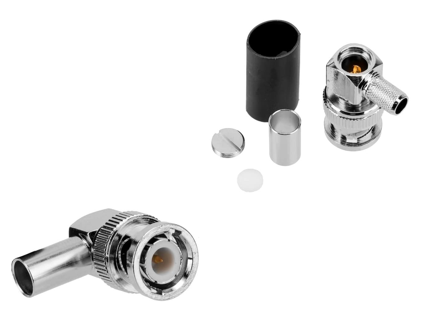 Kątowy wtyk BNC zaciskany na przewód RG-174 RG-316 TFL-316 PTFE/Gold RADIORA (złącze BNC-M męskie kątowe 90 stopni)