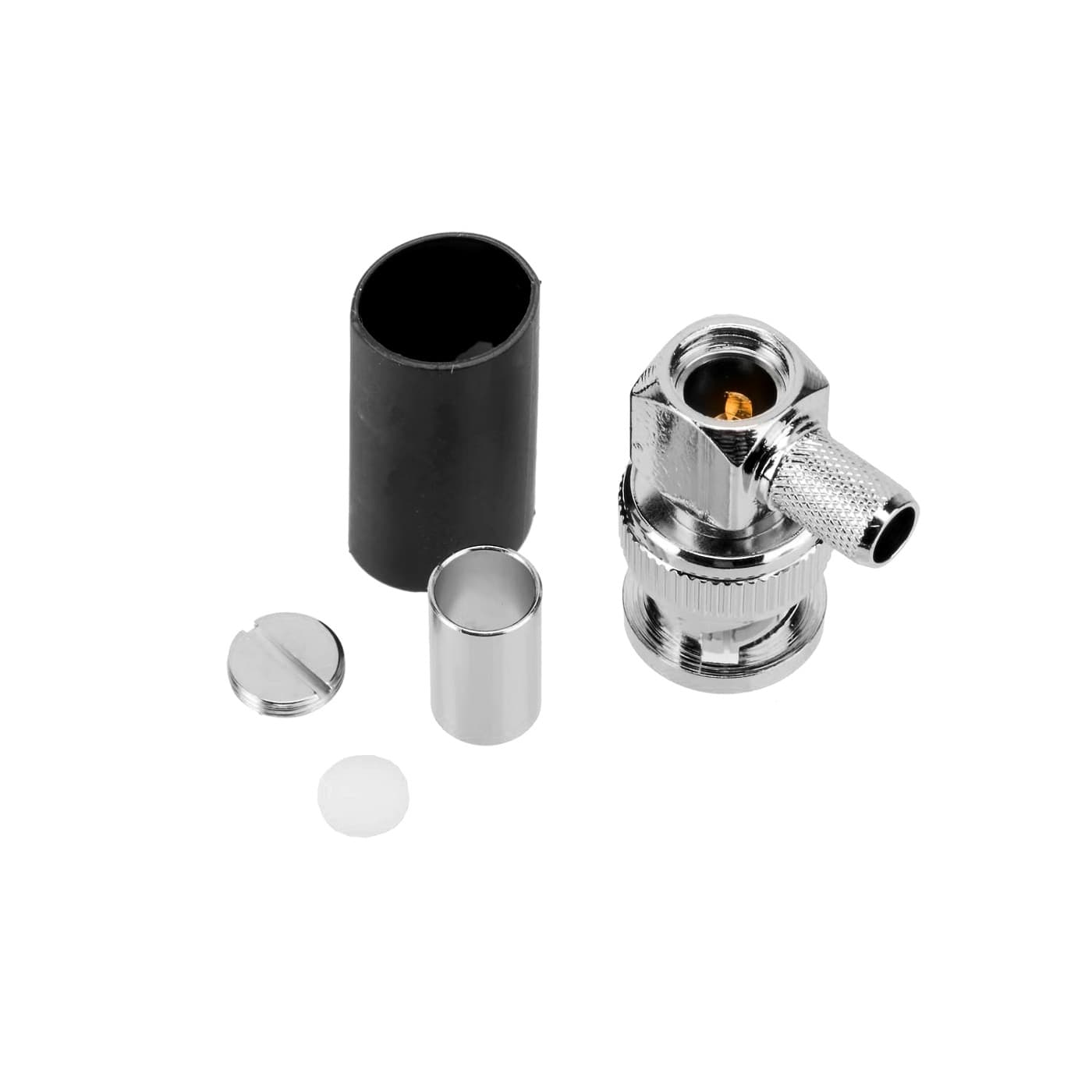 Kątowy wtyk BNC zaciskany na przewód RG-174 RG-316 TFL-316 PTFE/Gold RADIORA (złącze BNC-M męskie kątowe 90 stopni)