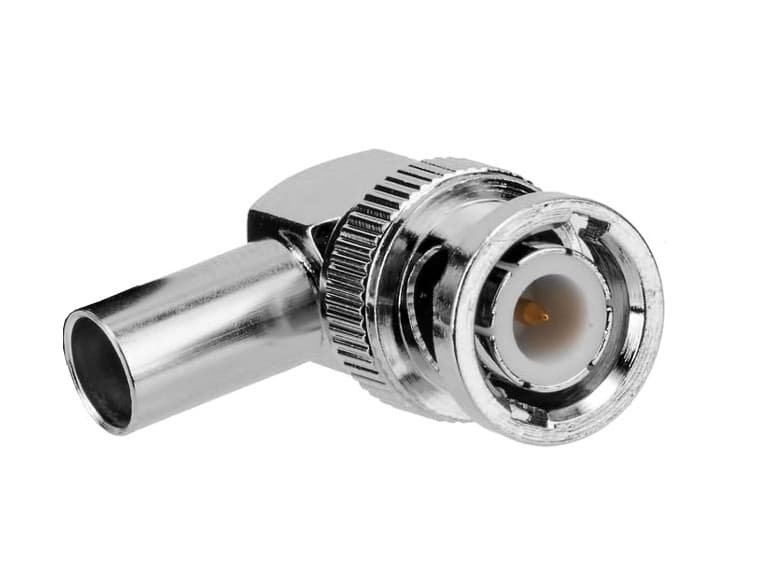 Kątowy wtyk BNC zaciskany na przewód RG-174 RG-316 TFL-316 PTFE/Gold RADIORA (złącze BNC-M męskie kątowe 90 stopni)