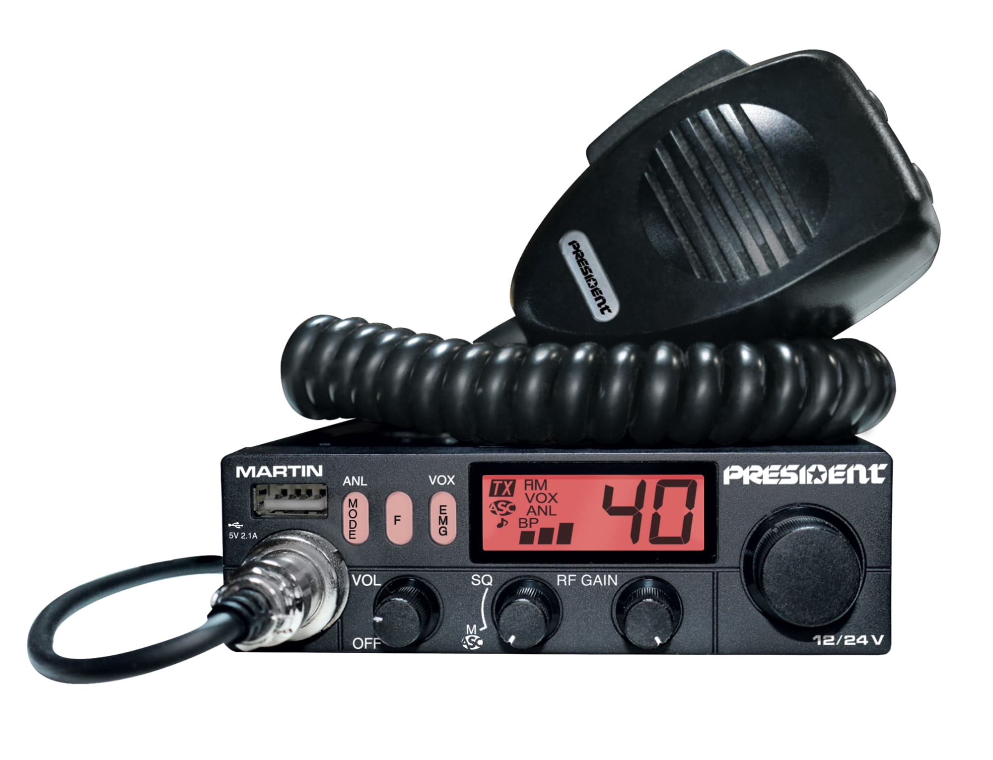 President Martin 12/24V kompaktowe CB radio z funkcją ASC (podobny do President Harry II ASC, Henry, Uniden 520)