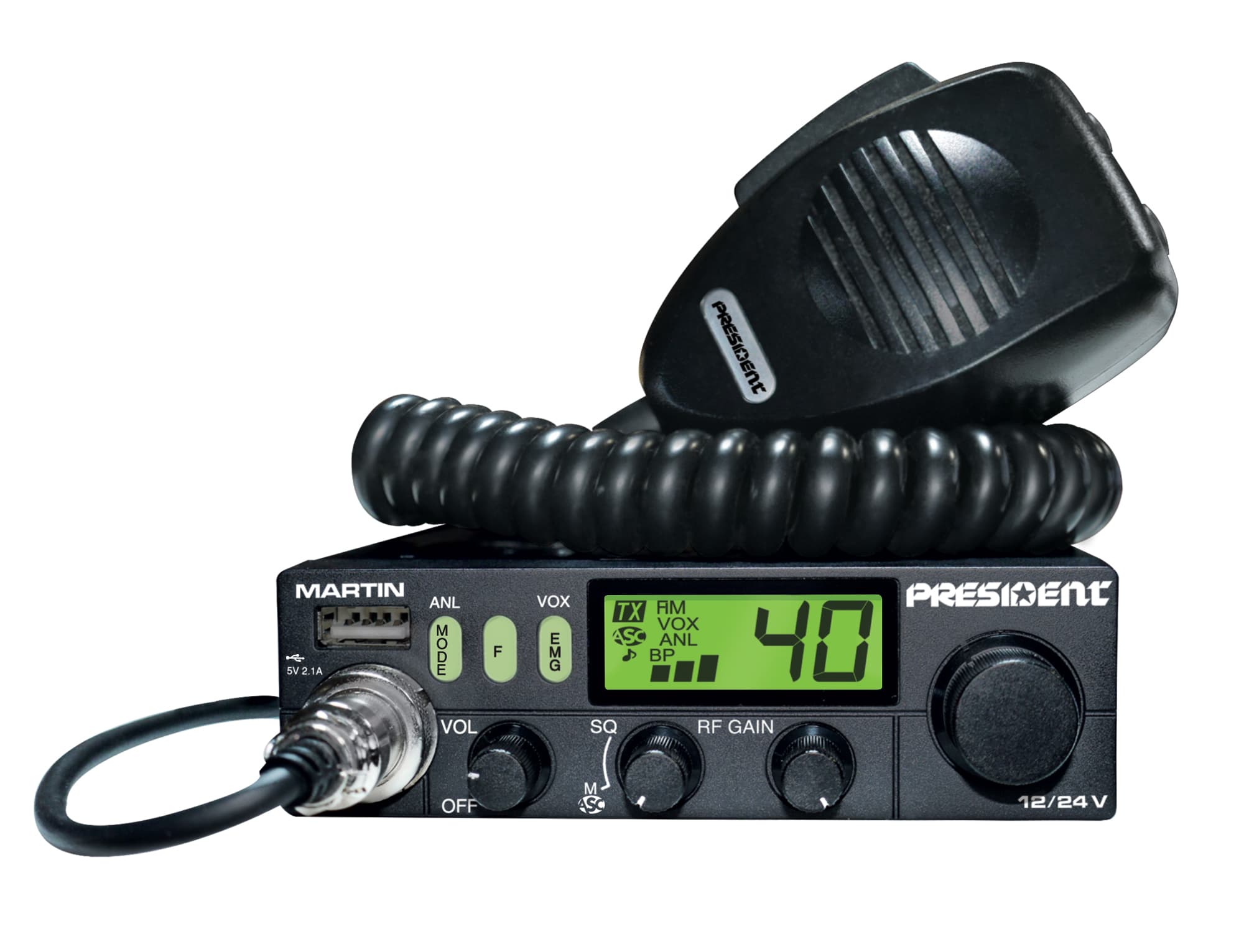 President Martin 12/24V kompaktowe CB radio z funkcją ASC (podobny do President Harry II ASC, Henry, Uniden 520)