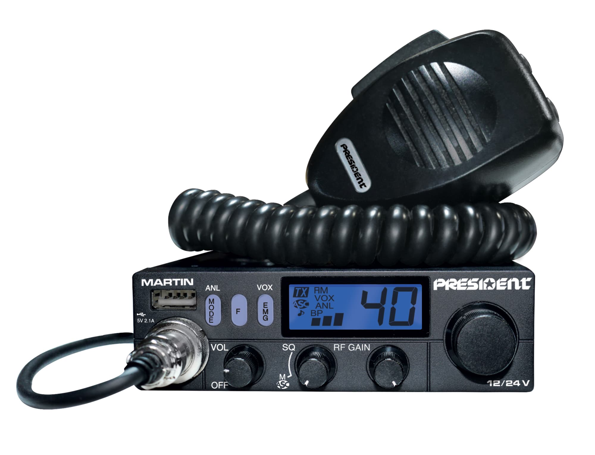 President Martin 12/24V kompaktowe CB radio z funkcją ASC (podobny do President Harry II ASC, Henry, Uniden 520)