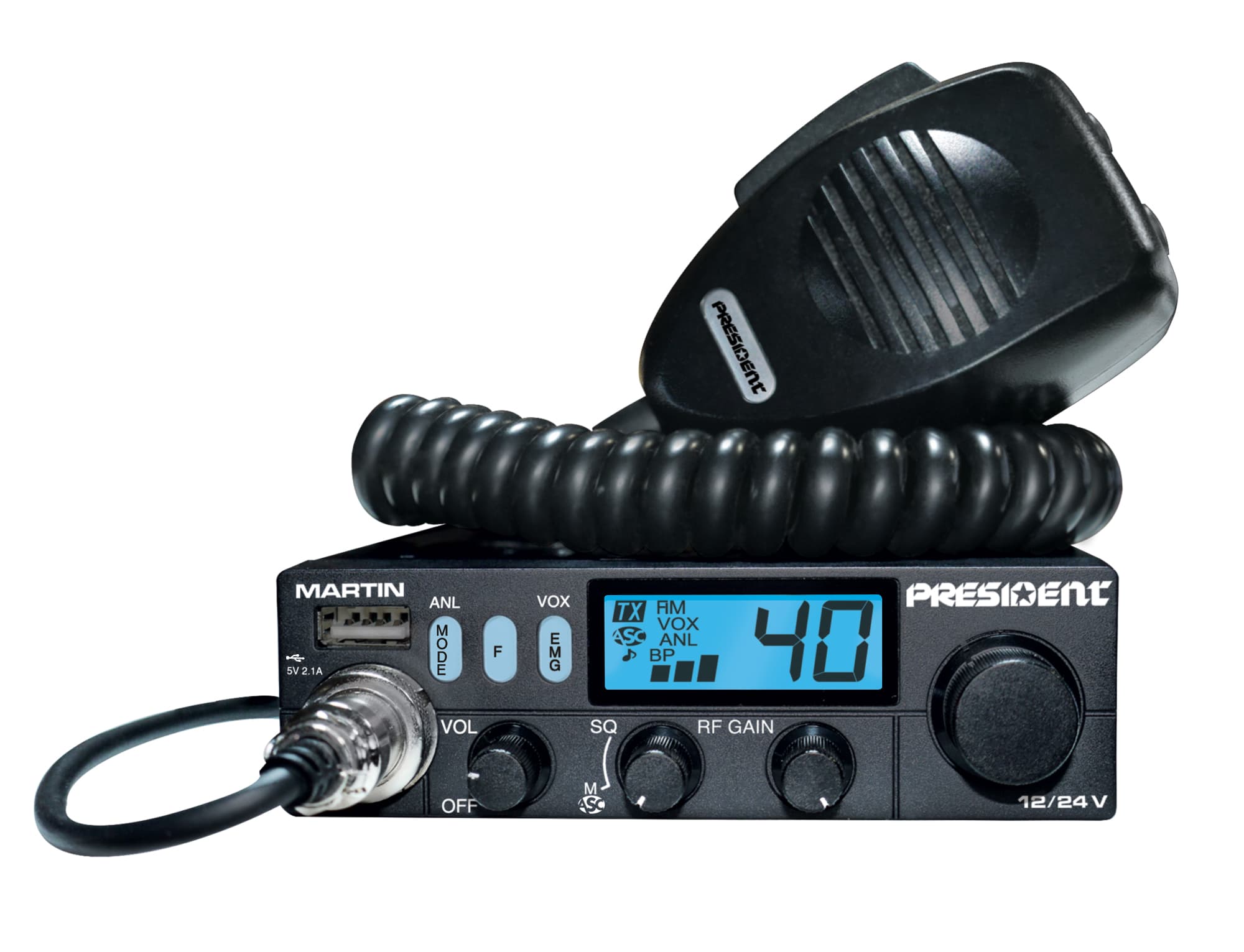 President Martin 12/24V kompaktowe CB radio z funkcją ASC (podobny do President Harry II ASC, Henry, Uniden 520)