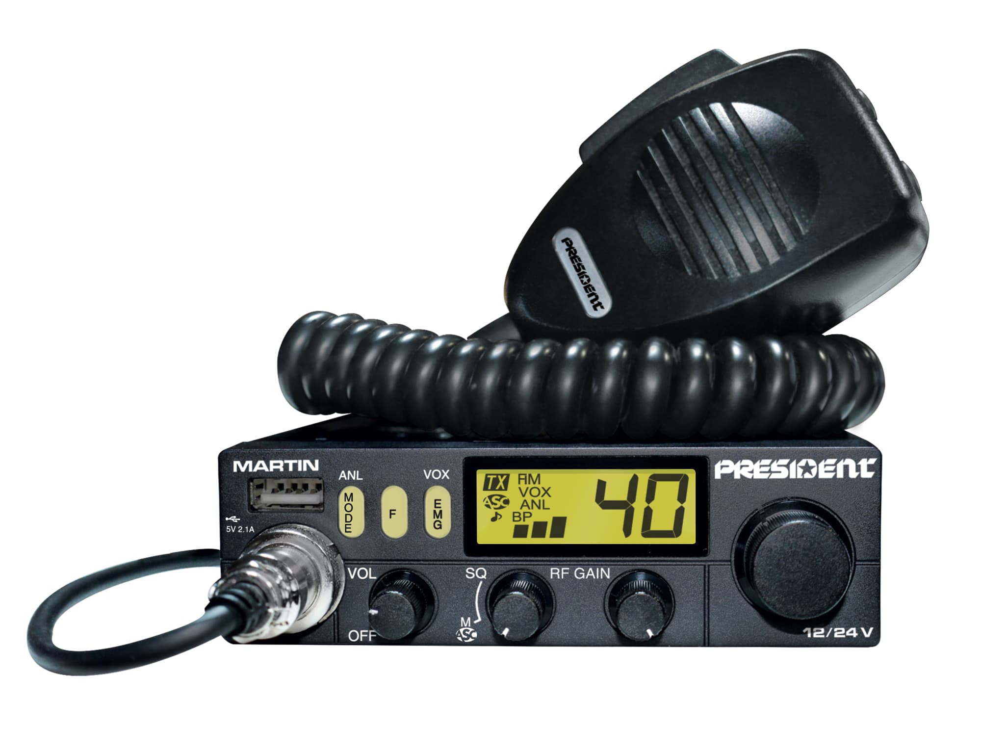 President Martin 12/24V kompaktowe CB radio z funkcją ASC (podobny do President Harry II ASC, Henry, Uniden 520)