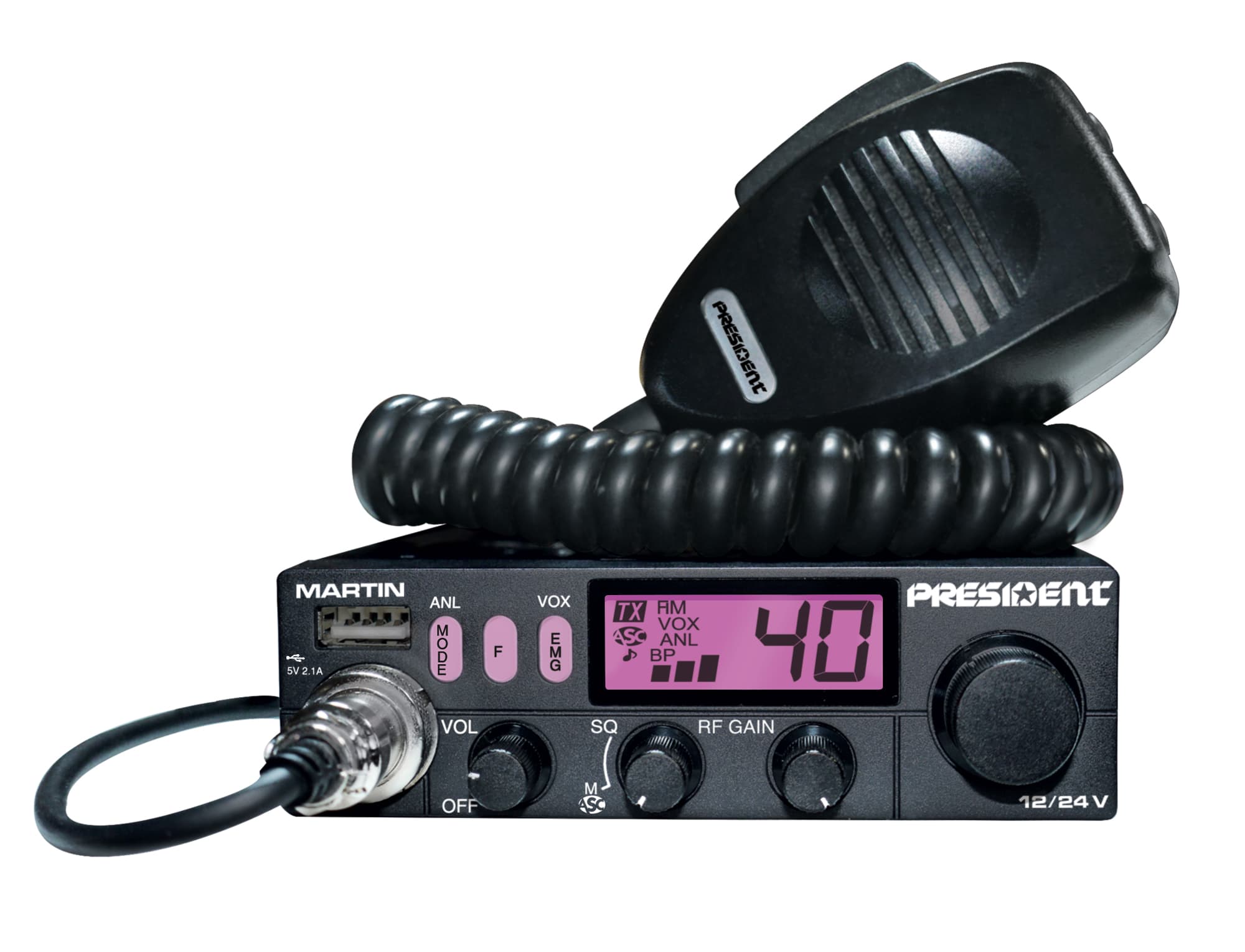 President Martin 12/24V kompaktowe CB radio z funkcją ASC (podobny do President Harry II ASC, Henry, Uniden 520)