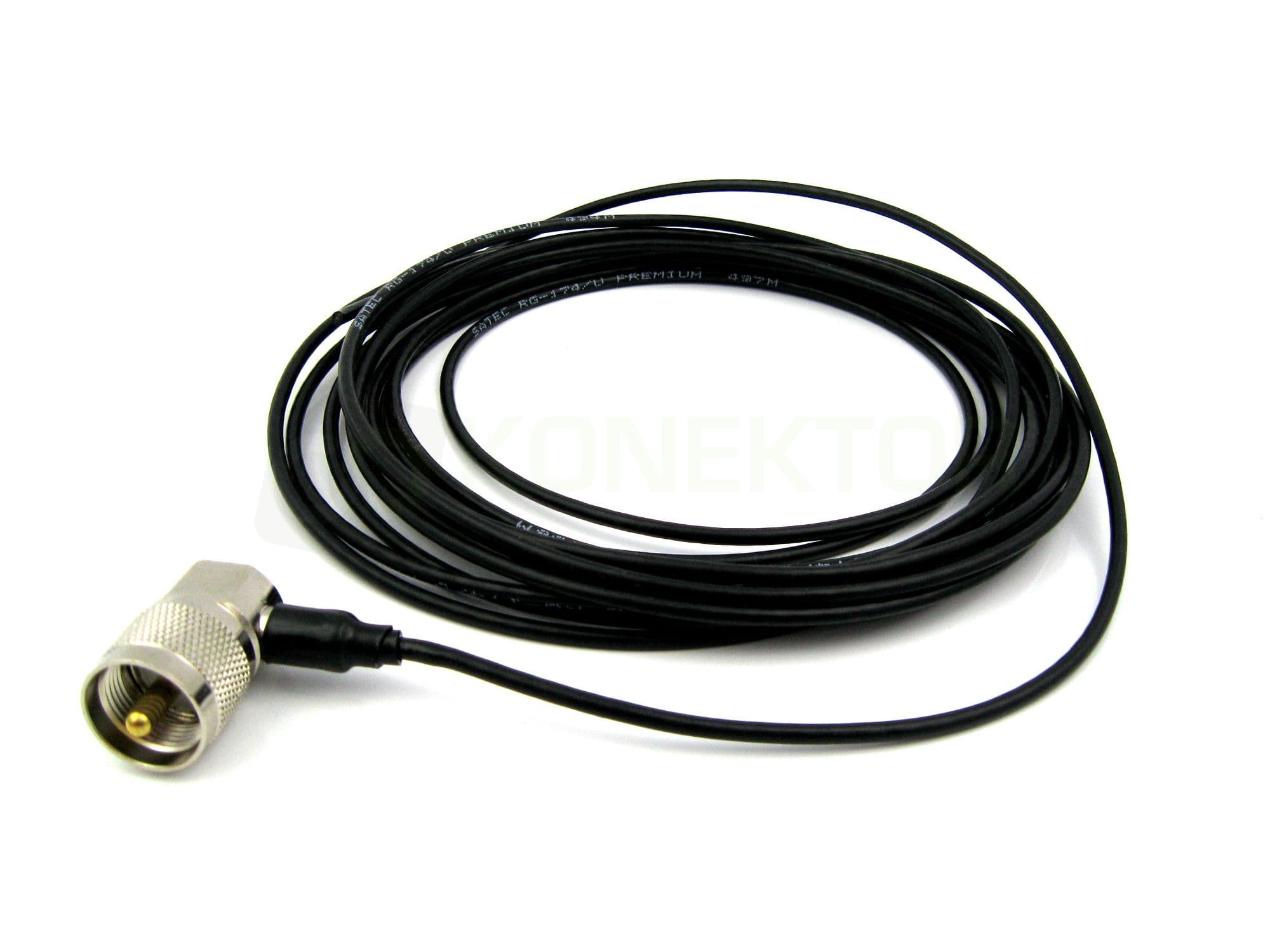Cienki kabel naprawczy do anteny CB długość 6m SATEC Premium RG-174 (średnica kabla 3mm), zalutowany wtyk kątowy UC-1