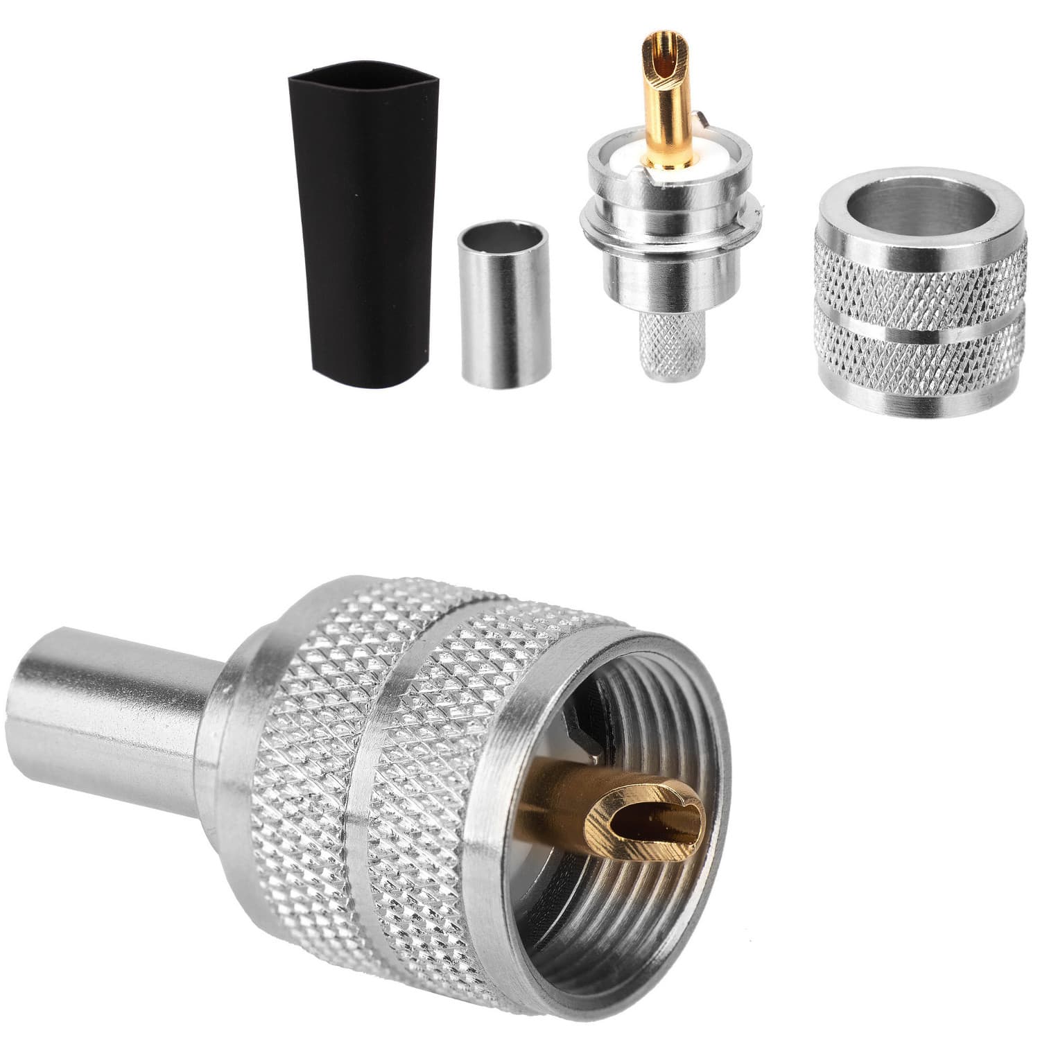 Wtyk UC-1 zaciskany na przewód RG-58, RF-5, H-155 (5-6mm) PTFE/Gold RADIORA (złącze PL-259 proste, z termokurczem)