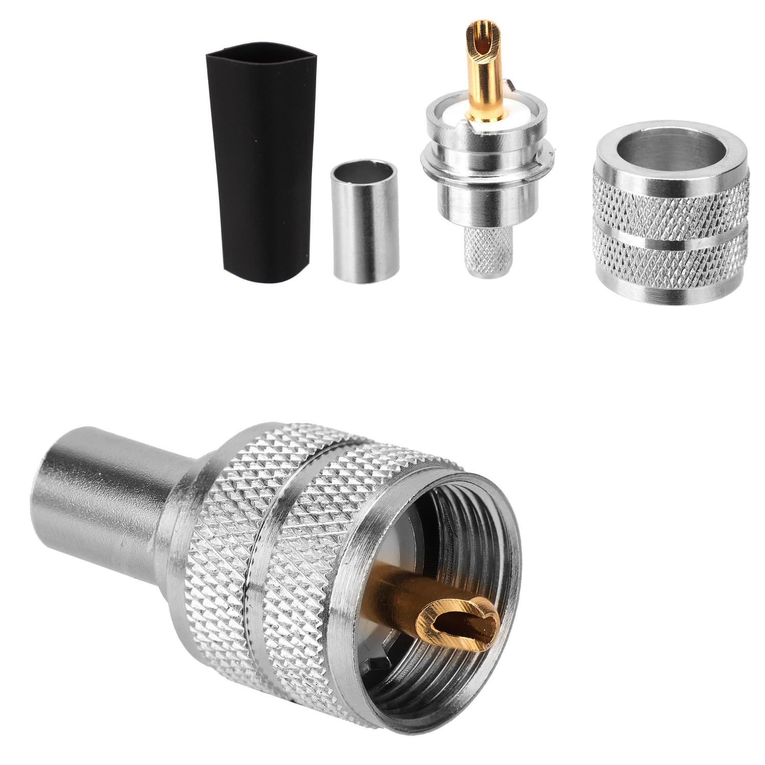 Wtyk UC-1 zaciskany na przewód RF-7, UltraFlex 7, Aircell-7 PTFE/Gold RADIORA (złącze PL-259 proste, z termokurczem)