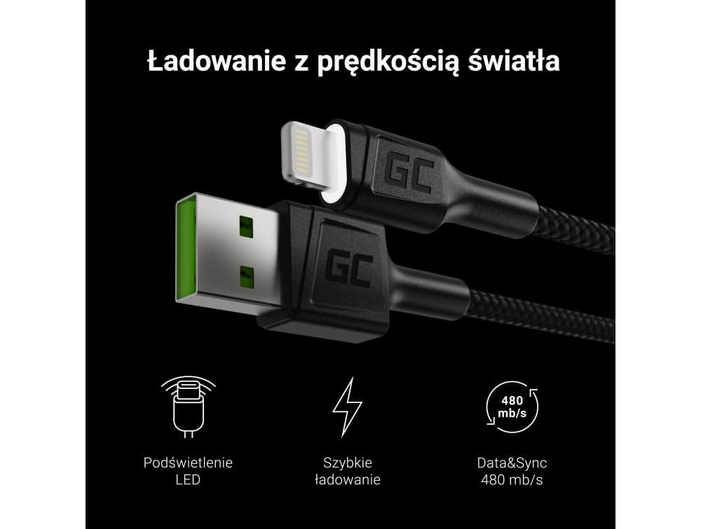 GC RAY kabel przewód zasilający USB / Lightning Apple iPhone iPad 120cm LED nylonowy wytrzymały SUPERJAKOŚĆ