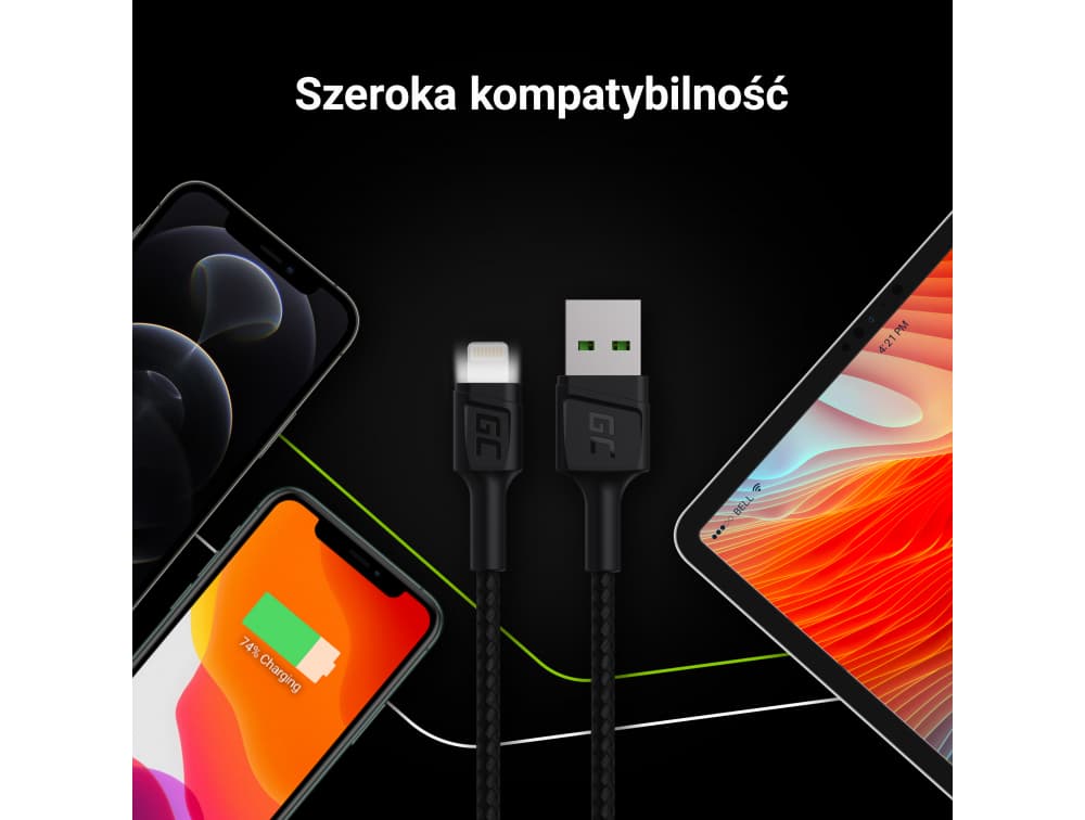 GC RAY kabel przewód zasilający USB / Lightning Apple iPhone iPad 120cm LED nylonowy wytrzymały SUPERJAKOŚĆ