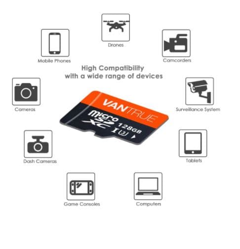 Oryginalna karta pamięci VANTRUE micro SD XC 128GB, przeznaczona do kamer np. samochodowych, monitoringu, GoPro, drona