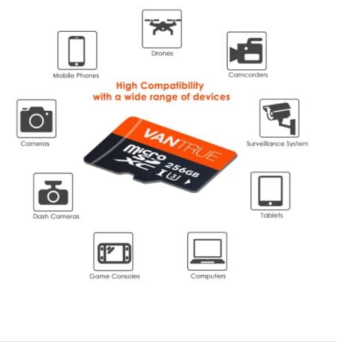 Oryginalna karta pamięci VANTRUE micro SD XC 256GB, przeznaczona do kamer np. samochodowych, monitoringu, GoPro, drona