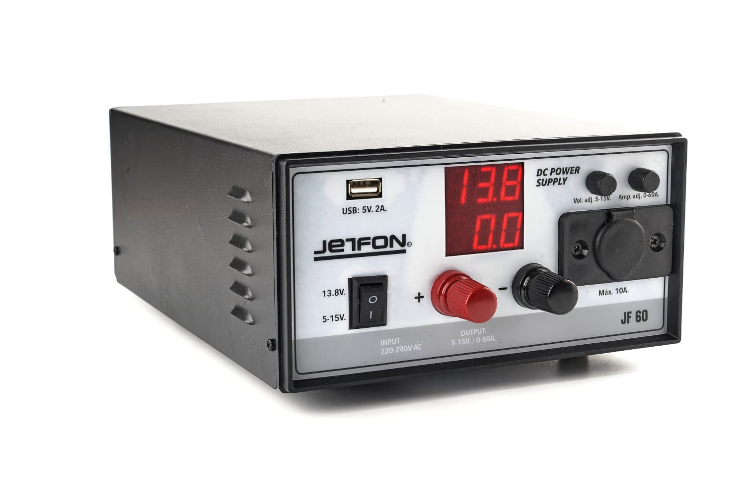 Jetfon JF-60 zasilacz radiowy impulsowy 60A, regulacja napięcia 5-15V, cyfrowe wskaźniki, złącze USB 5V