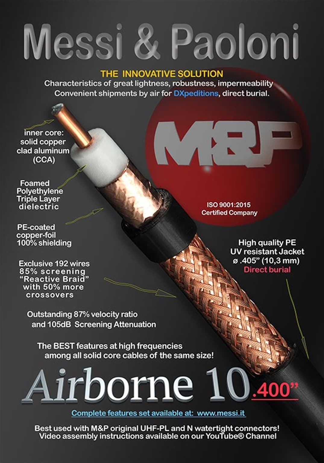 Messi Paoloni Airborne 10 niskostratny przewód koncentryczny 10mm gruby SUPERLEKKI kabel 50 Ohm do anten CB, KF, VHF, UHF, WLAN, LTE, skanerów, SDR itp.