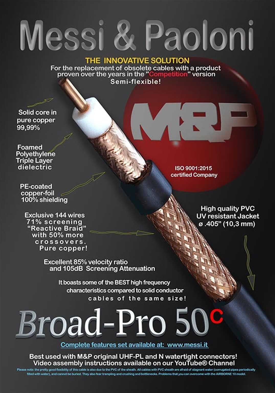 Messi Paoloni Broad Pro 50C przewód koncentryczny 10,3mm 50 Ohm (gorąca żyła drut) do anten CB, KF, VHF, UHF, WLAN, LTE, skanerów, SDR itp.
